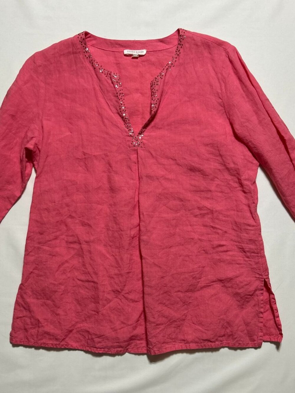 Eileen Fisher 3/4 Sleeve Top; Sequin Trimmed Neckline; Coral Pink; Linen; PM